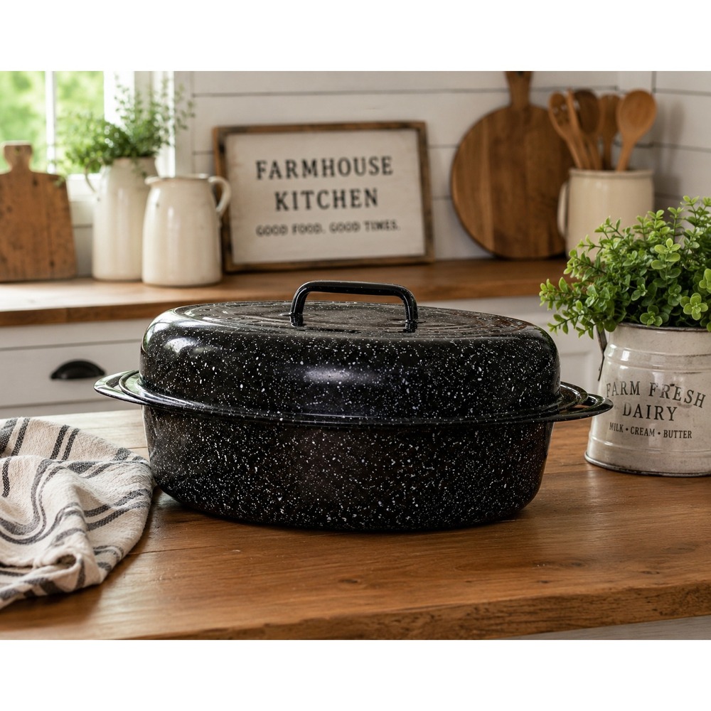 Vintage Black Speckled Enamel Oval Roaster w/ Lid Approx. 5 Qt 11"x7"x3"